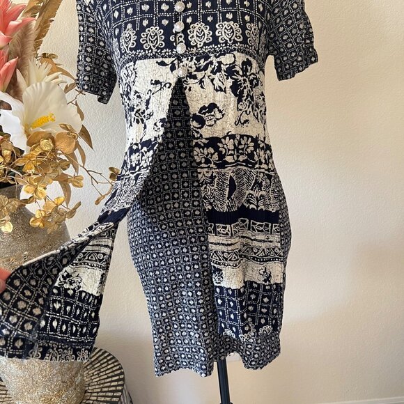 Vintage 90s Stuart Alan Boho Split Hem Geometric Floral Henley Button Dress P6 - Picture 2 of 13